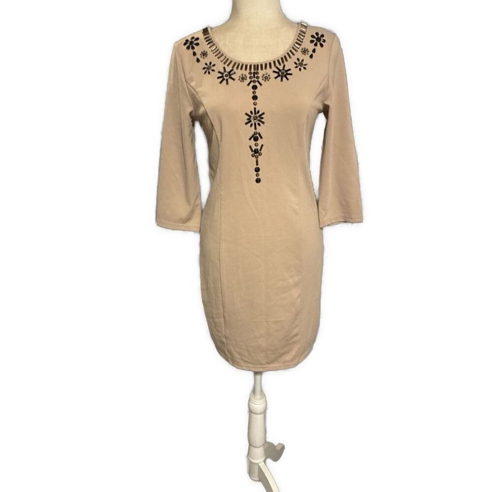 rimi eco beige long sleeve beaded Crew Neck dress Knee Length Large